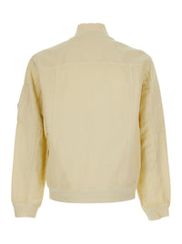 C.P. Company Men Beige Jacket With High Collar And Logo Plate On The Sleeve In Cotton And Linen Men