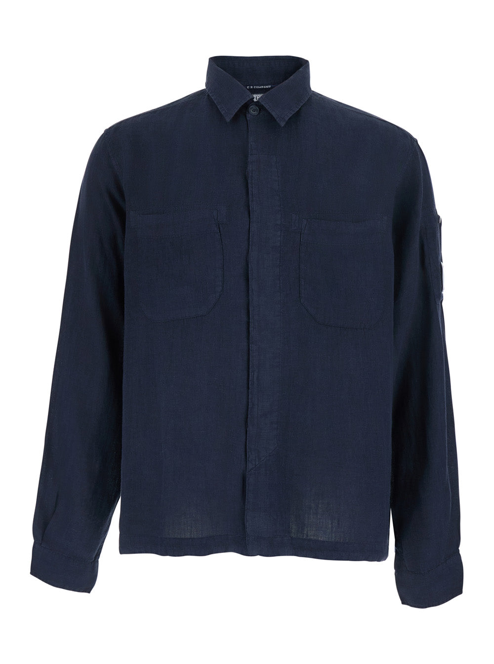 C.P. Company Men Blue Shirt With Classic Collar And Logo Plate On The Sleeve In Linen Man