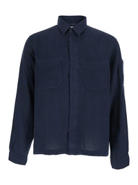 C.P. Company Men Blue Shirt With Classic Collar And Logo Plate On The Sleeve In Linen Man