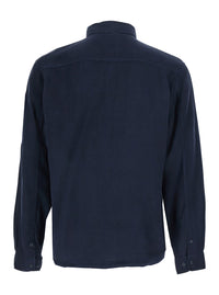 C.P. Company Men Blue Shirt With Classic Collar And Logo Plate On The Sleeve In Linen Man