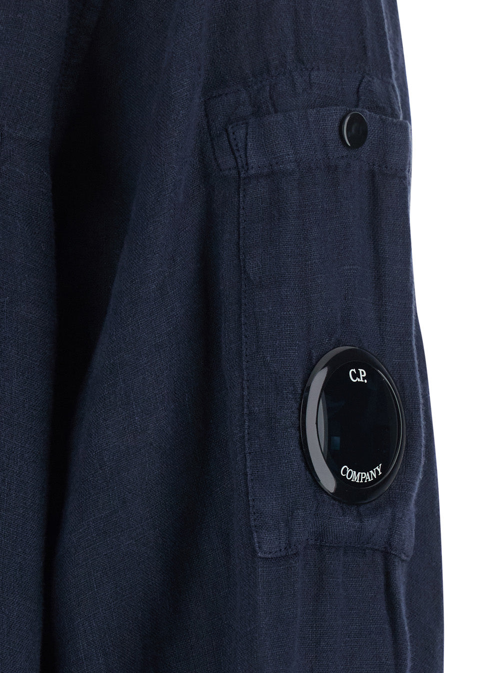 C.P. Company Men Blue Shirt With Classic Collar And Logo Plate On The Sleeve In Linen Man