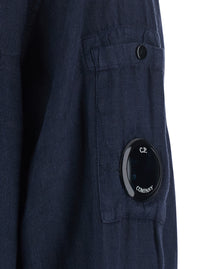 C.P. Company Men Blue Shirt With Classic Collar And Logo Plate On The Sleeve In Linen Man