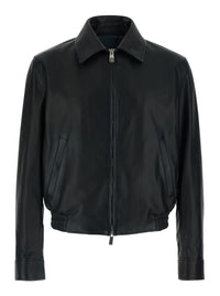 Versace Men Black Jacket - Jacket With Front Closure And High Collar - Leather - Men
