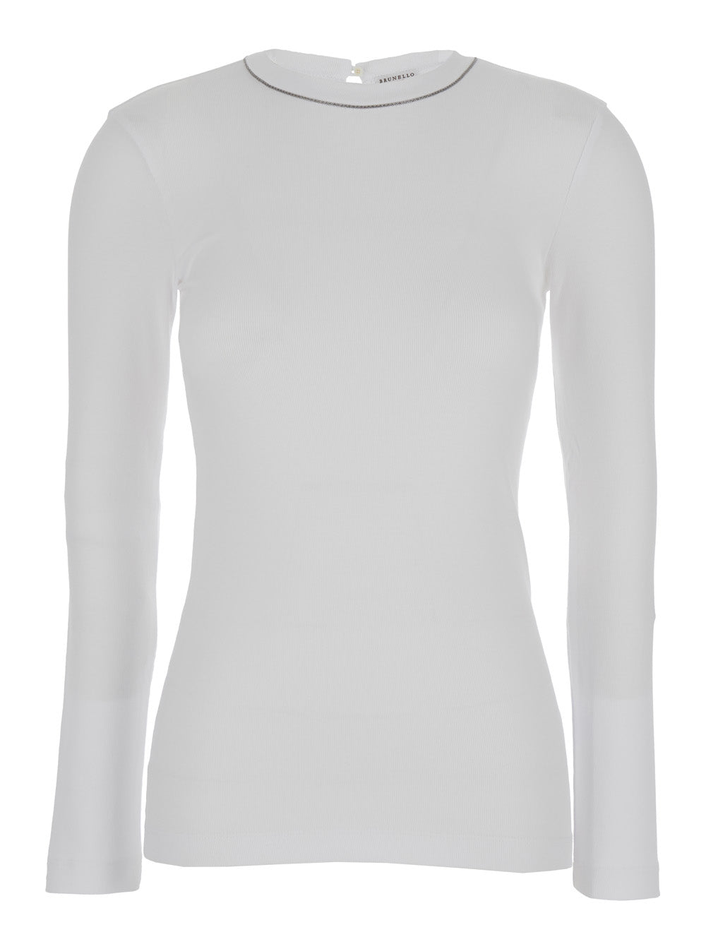 BRUNELLO CUCINELLI Brunello Cucinelli Women White Long Sleeve T-Shirt With Round Neck And Monile Details In Cotton Women