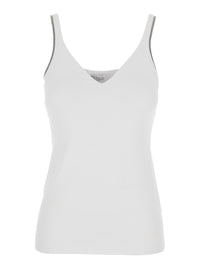 Brunello Cucinelli Women White Top With V-Neck And Monile Details On The Edges In Cotton For Women