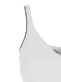 Brunello Cucinelli Women White Top With V-Neck And Monile Details On The Edges In Cotton For Women