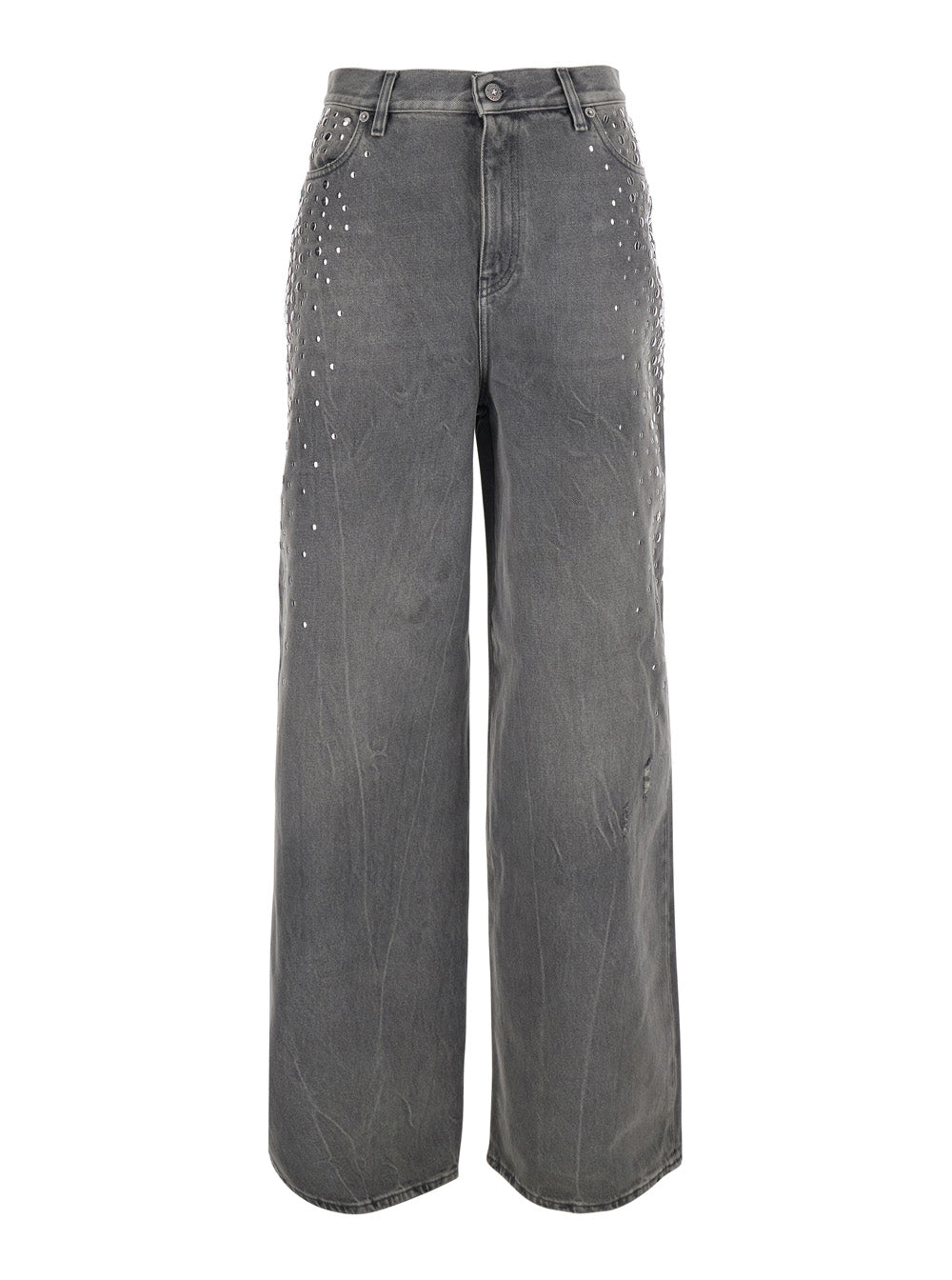 Golden Goose Women Grey Jeans With Studs And Logo Patch On The Back In Denim For Women