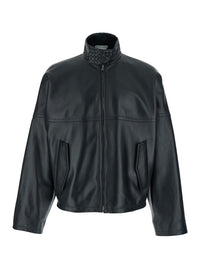 Bottega Veneta Men Black Bomber Jacket With High Collar With Intreccio Design In Leather For Men