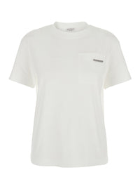 Brunello Cucinelli Women White Crew Neck T-Shirt With Monile Detail On The Front In Cotton For Women