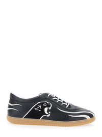 Valentino Garavani Men Black Low Top Sneakers With Panther Patch Detail On The Side And Flame Motif In Leather For Men