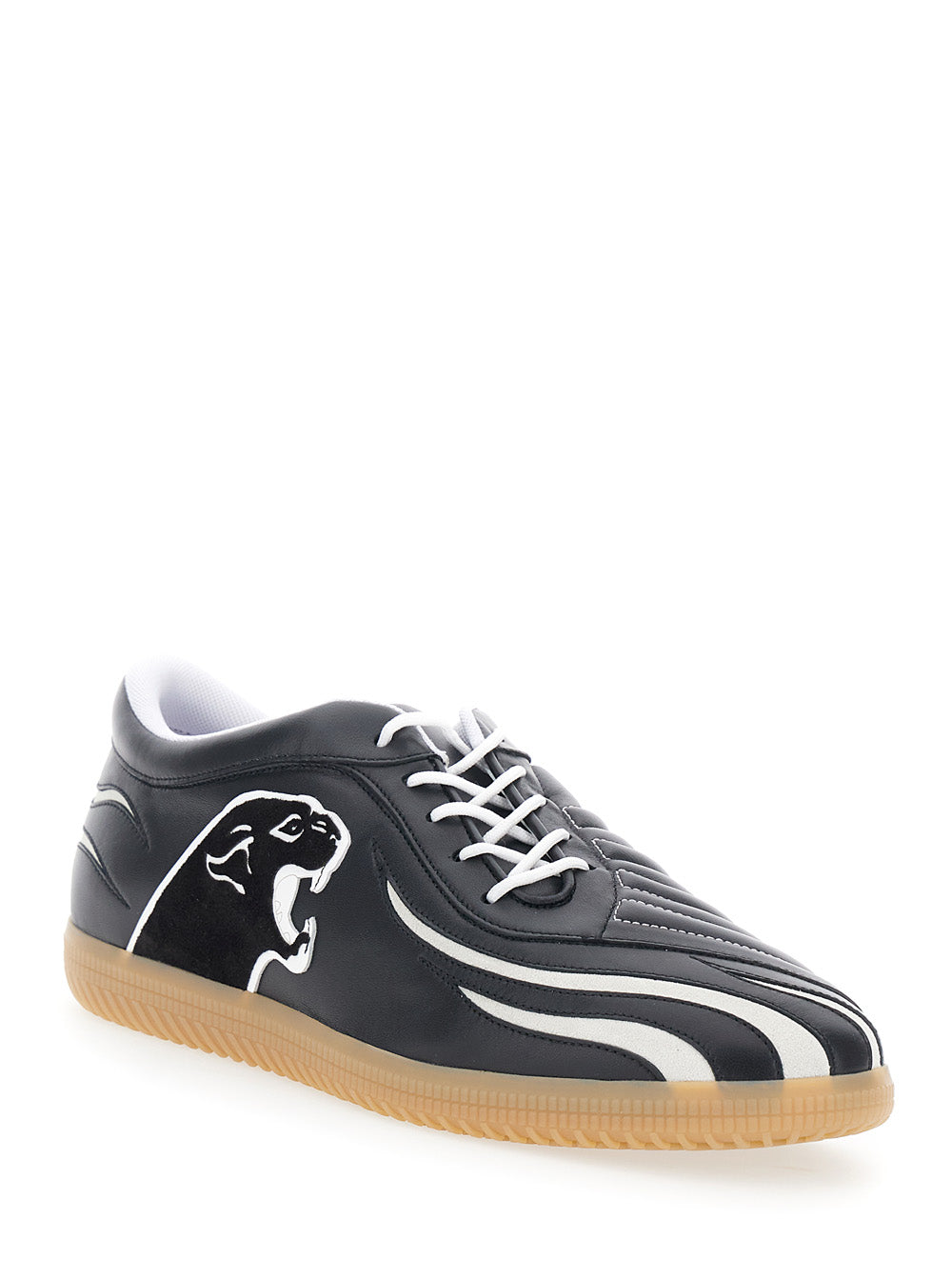 Valentino Garavani Men Black Low Top Sneakers With Panther Patch Detail On The Side And Flame Motif In Leather For Men
