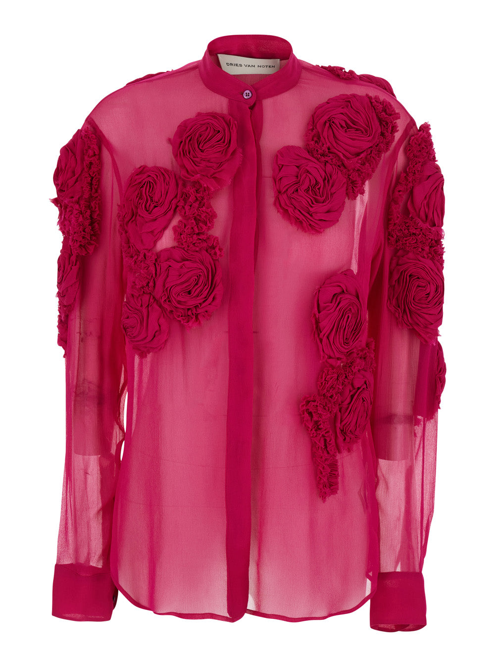 DRIES VAN NOTEN Dries Van Noten Women Fuchsia Shirt With Mandarin Collar And 3D Floral Embroidery All-Over In Silk For Women
