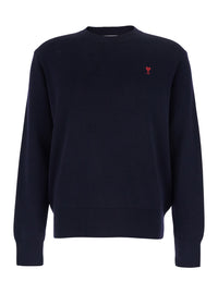 Ami Paris Men Crewneck Sweater With Adc Embroidery On The Front In Wool Blend Blue Men
