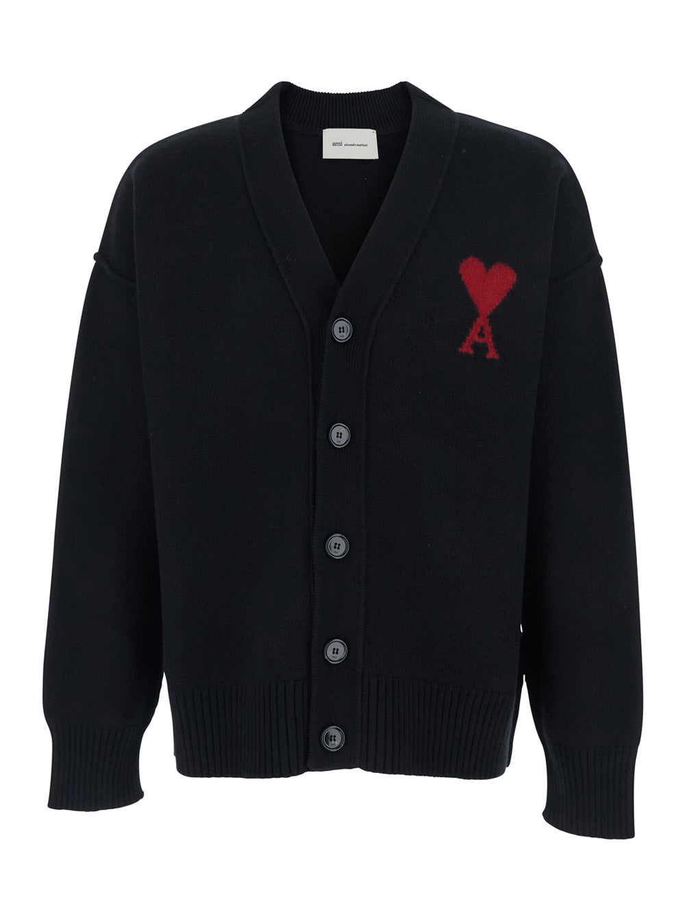 Ami Paris Men Cardigan With V-Neck And Adc Embroidery On Front In Black Wool For Men