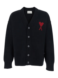 Ami Paris Men Cardigan With V-Neck And Adc Embroidery On Front In Black Wool For Men