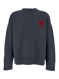 Ami Paris Men Crewneck Sweater With Dropped Shoulders And Adc Embroidery On The Front In Gray Wool For Men