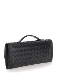 Bottega Veneta Women Clutch 'Andiamo' With Handle And Intreccio Motif In Black Leather For Women