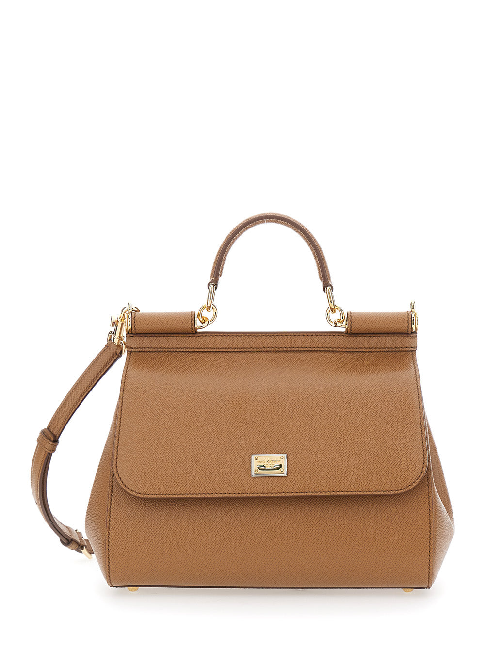 Dolce & Gabbana Women Handbag 'My Sicily' Medium With Logo Plate On Front In Grained Brown Leather For Women
