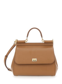 Dolce & Gabbana Women Handbag 'My Sicily' Medium With Logo Plate On Front In Grained Brown Leather For Women