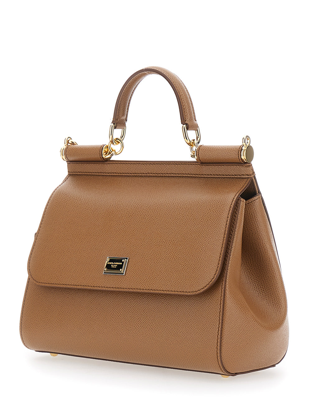 Dolce & Gabbana Women Handbag 'My Sicily' Medium With Logo Plate On Front In Grained Brown Leather For Women