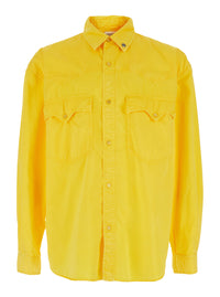 Versace Men Yellow Shirt With Button-Down Collar And Two Patch Pockets On The Front In Cotton For Men