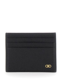Ferragamo Men Black Card Holder With Micro Gancini On The Front And Logo Lettering On The Rear In Grained Leather Man