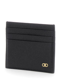 Ferragamo Men Black Card Holder With Micro Gancini On The Front And Logo Lettering On The Rear In Grained Leather Man