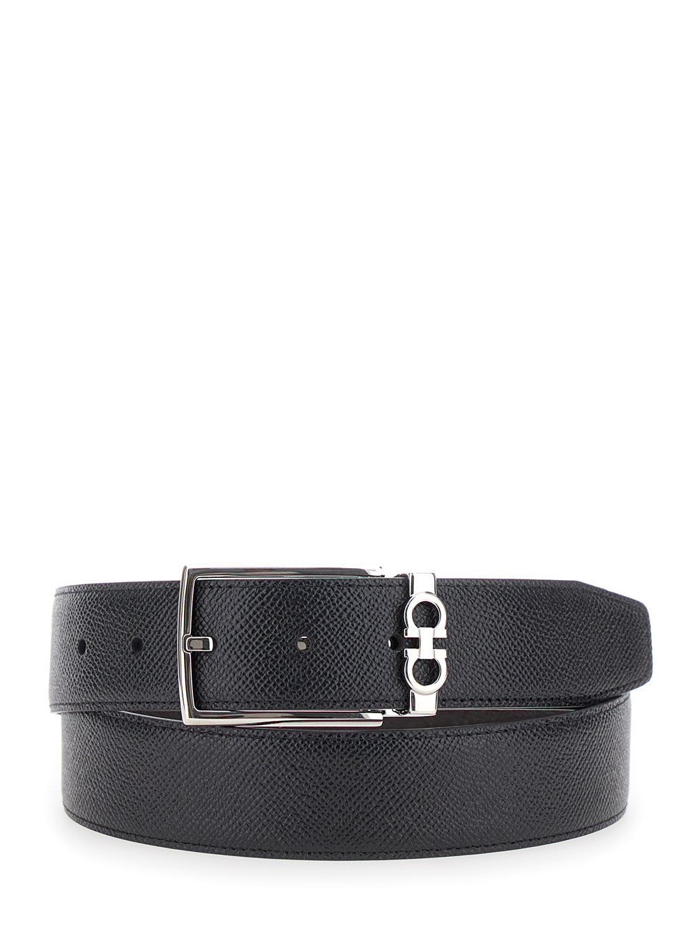 Ferragamo Men Black Reversible Belt With Gancini Buckle In Grained Leather For Men