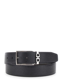 Ferragamo Men Black Reversible Belt With Gancini Buckle In Grained Leather For Men