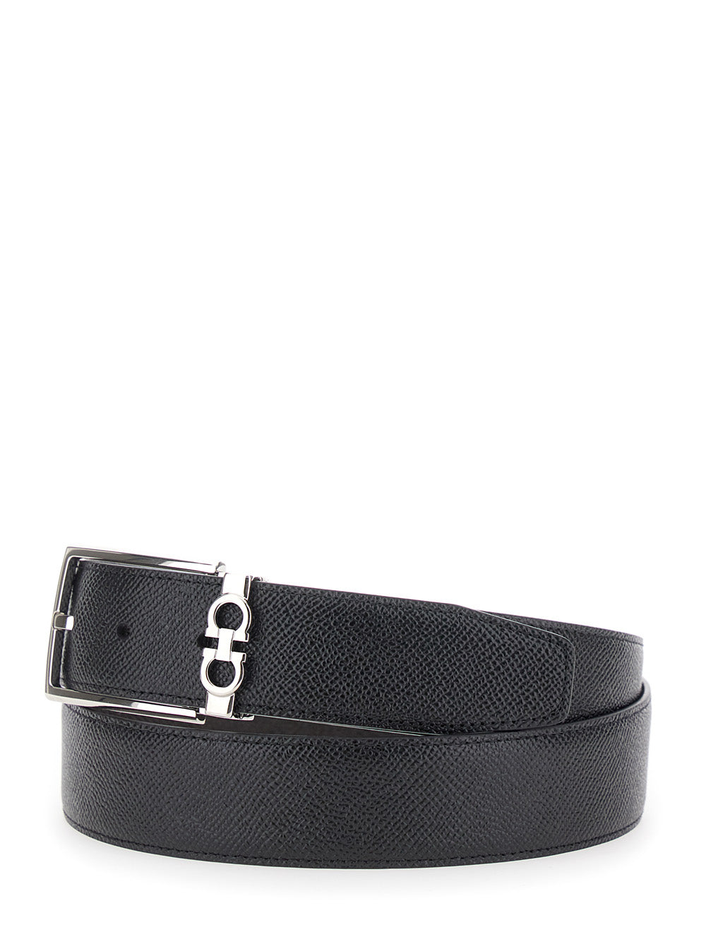 Ferragamo Men Black Reversible Belt With Gancini Buckle In Grained Leather For Men