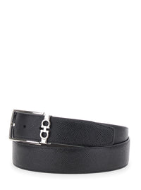 Ferragamo Men Black Reversible Belt With Gancini Buckle In Grained Leather For Men