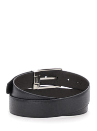 Ferragamo Men Black Reversible Belt With Gancini Buckle In Grained Leather For Men