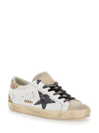 Golden Goose Women 'Superstar' White Low Sneakers With Glitter And Used Effect In Leather For Women
