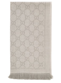 Gucci Women Gray Wool Gg Jacquard Motif Knit Scarf For Women