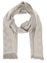 Gucci Women Gray Wool Gg Jacquard Motif Knit Scarf For Women