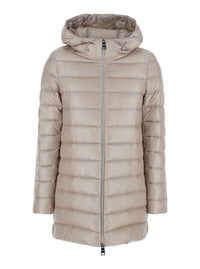 Herno Women Down Jacket With Hood And Drawstring In Tech Fabric Beige Women