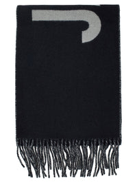 Jacquemus Men Scarf 'L'echarpe Jacquemus' With Maxi Logo Lettering And Fringed Edge In Black Wool Men