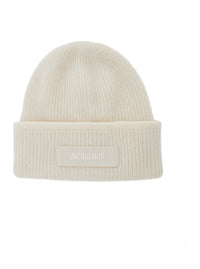 Jacquemus Men Hat 'Le Bonnet Gros Grain' With Logo Patch On The Front And Ribbed Knit In White Men