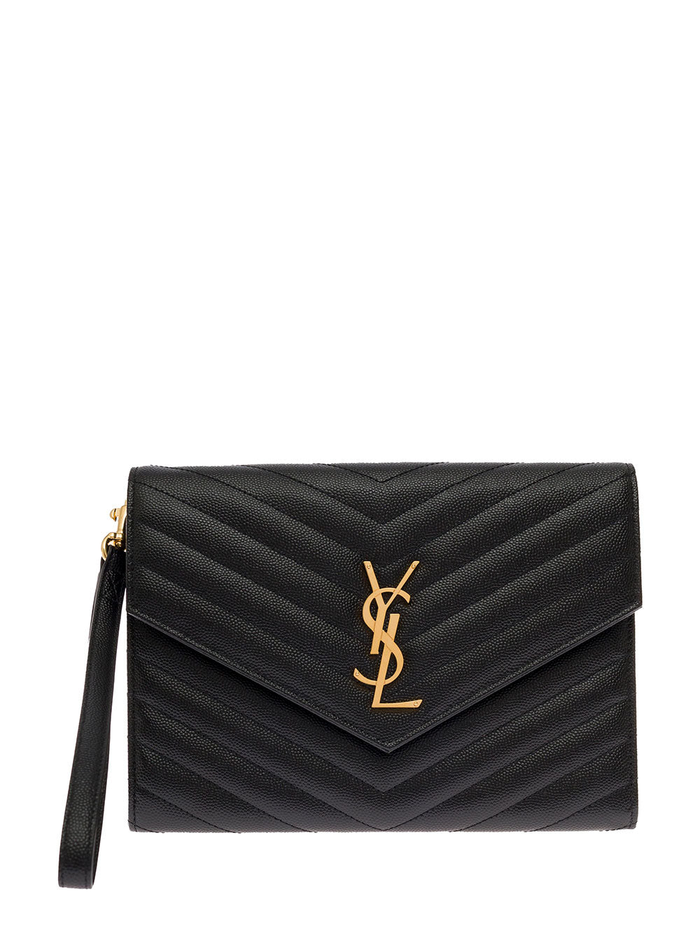 SAINT LAURENT Saint Laurent Women Black Handbag With Front Logo In Metal And Gold-Colored Hardware In Grain De Poudre Leather For Women