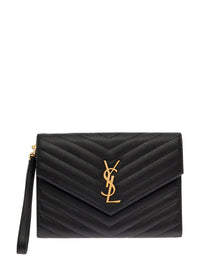 SAINT LAURENT Saint Laurent Women Black Handbag With Front Logo In Metal And Gold-Colored Hardware In Grain De Poudre Leather For Women