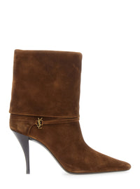 SAINT LAURENT Saint Laurent Women 'Niki' Brown Ankle Strap Booties With Cassandre Charm In Suede For Women