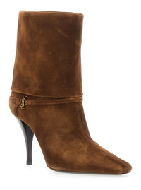 SAINT LAURENT Saint Laurent Women 'Niki' Brown Ankle Strap Booties With Cassandre Charm In Suede For Women