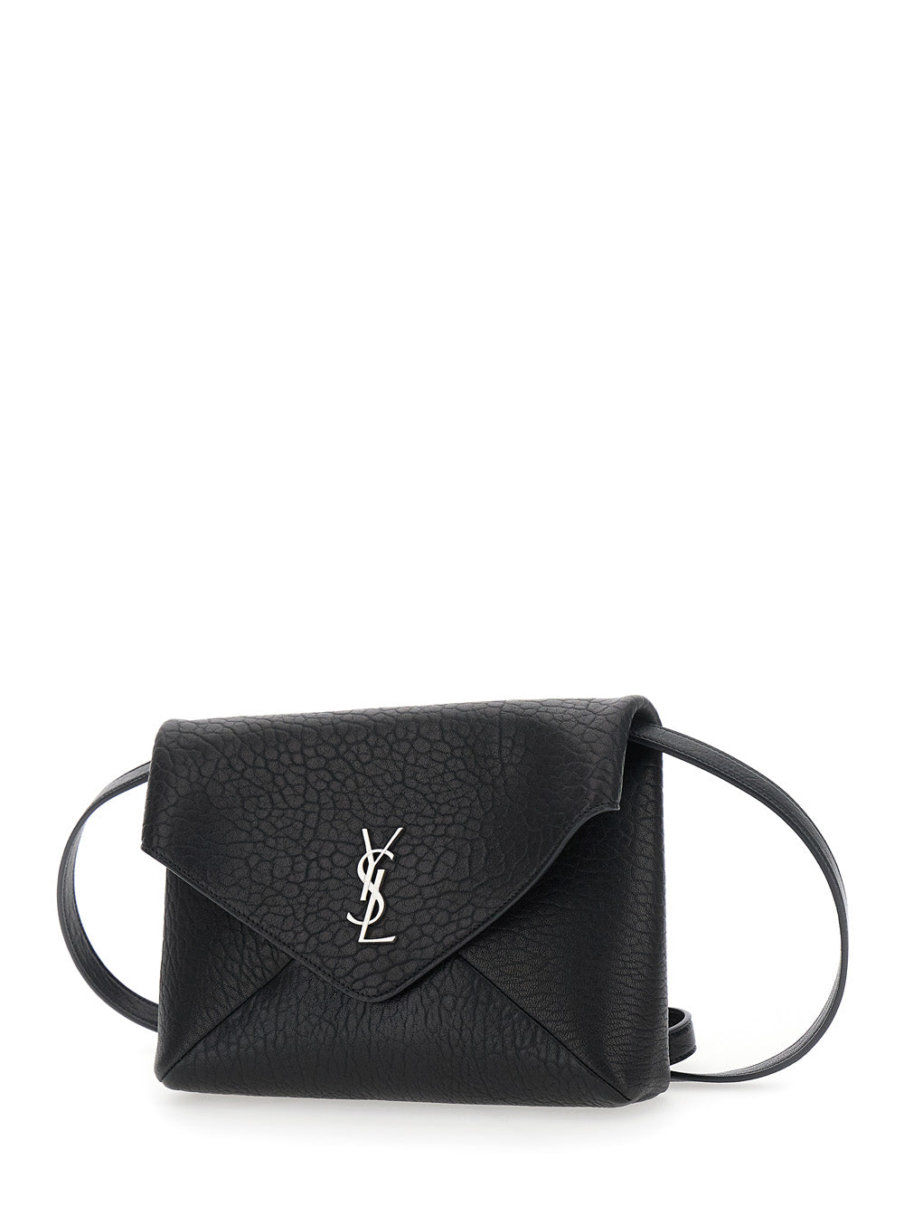 SAINT LAURENT Saint Laurent Men Black Crossbody Bag With Envelope Design And Cassandre Plaque On Front In Grained Leather For Women
