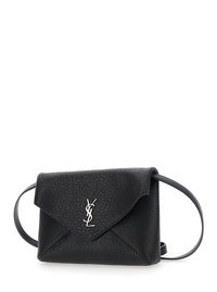 SAINT LAURENT Saint Laurent Men Black Crossbody Bag With Envelope Design And Cassandre Plaque On Front In Grained Leather For Women
