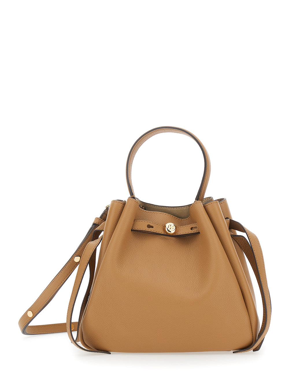 TORY BURCH Tory Burch Women Bucket Bag 'Romy' With Adjustable Strap And Logo Plate On Front In Grained Beige Leather For Women