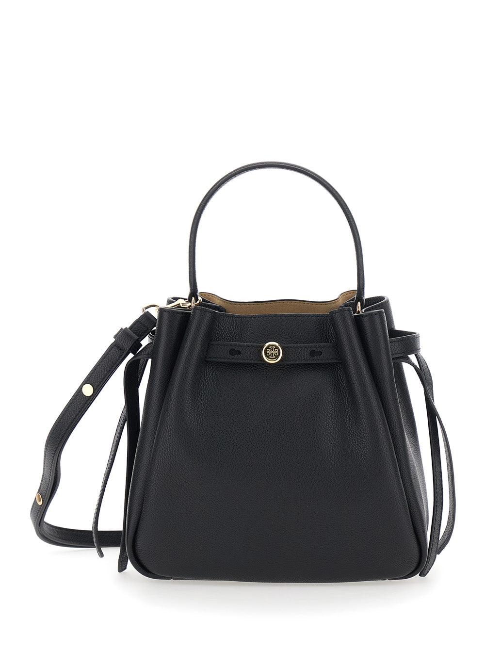 TORY BURCH Tory Burch Women Bucket Bag 'Romy' With Adjustable Strap And Logo Plate On Front In Grained Black Leather For Women