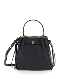 TORY BURCH Tory Burch Women Bucket Bag 'Romy' With Adjustable Strap And Logo Plate On Front In Grained Black Leather For Women