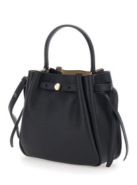 TORY BURCH Tory Burch Women Bucket Bag 'Romy' With Adjustable Strap And Logo Plate On Front In Grained Black Leather For Women