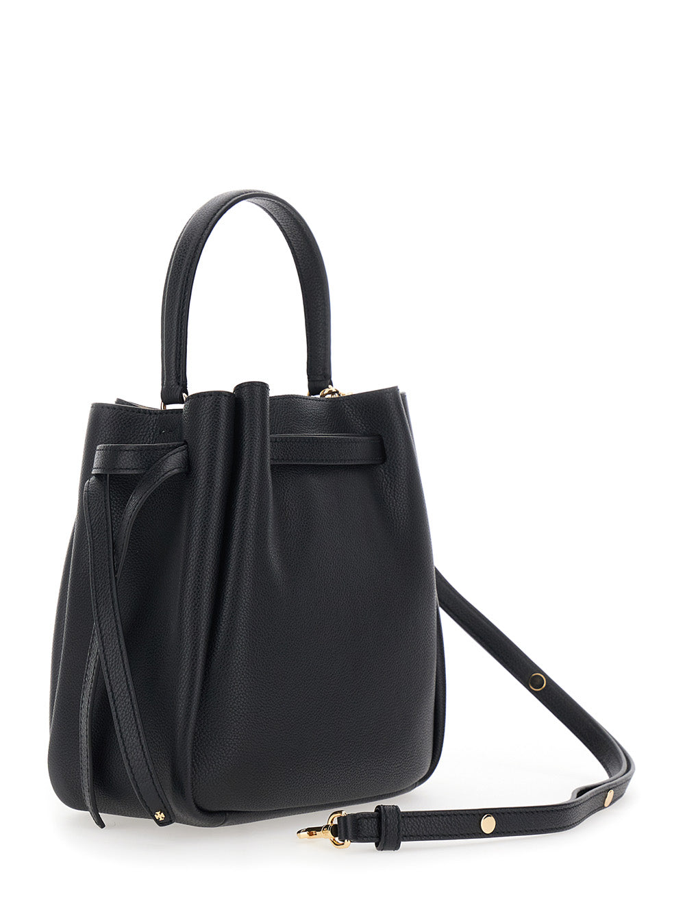 TORY BURCH Tory Burch Women Bucket Bag 'Romy' With Adjustable Strap And Logo Plate On Front In Grained Black Leather For Women