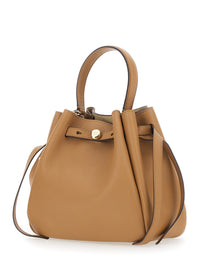 TORY BURCH Tory Burch Women Bucket Bag 'Romy' With Adjustable Strap And Logo Plate On Front In Grained Beige Leather For Women